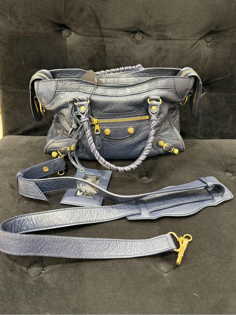 Balenciaga Navy Blue Leather Satchel with Gold Hardware - Picture 5 of 8